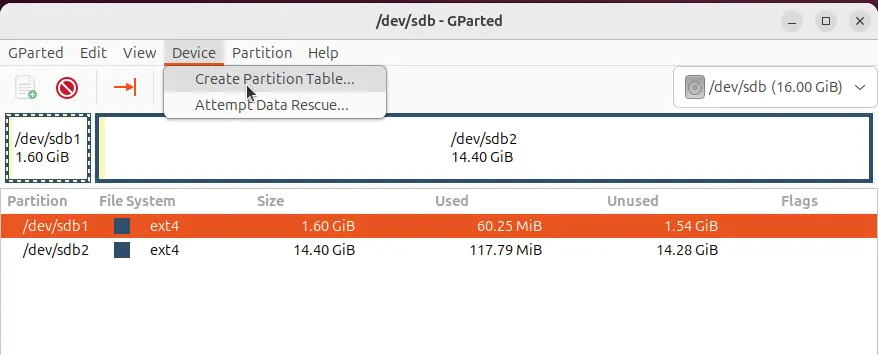 Create a new partition table