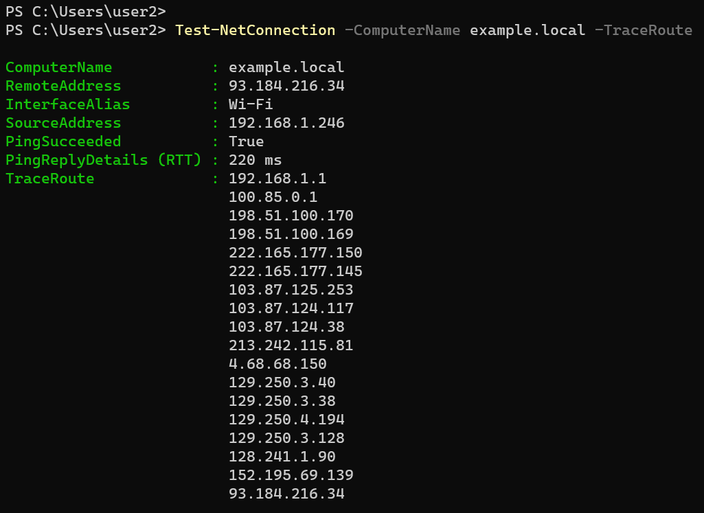 Traceroute using the Test-NetConnection command.