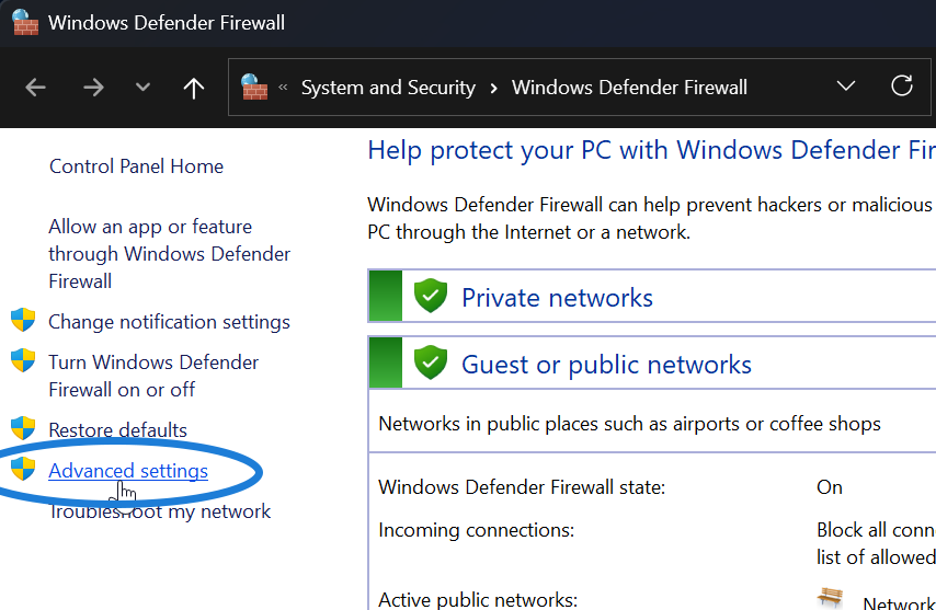 Windows Defender Firewall Advanced Settings
