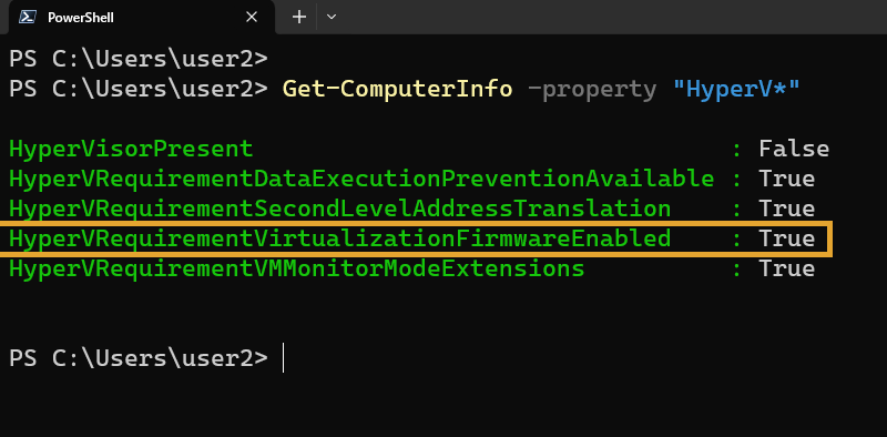 PowerShell command to check virtualization status in windows