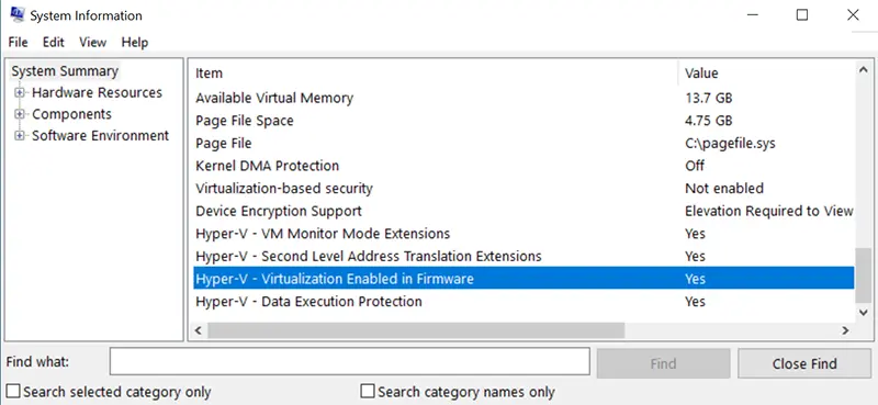 Check Virtualization status Using System Information Window