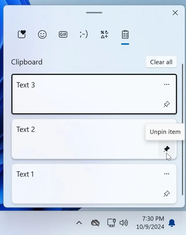 Pin an item to the windows clipboard