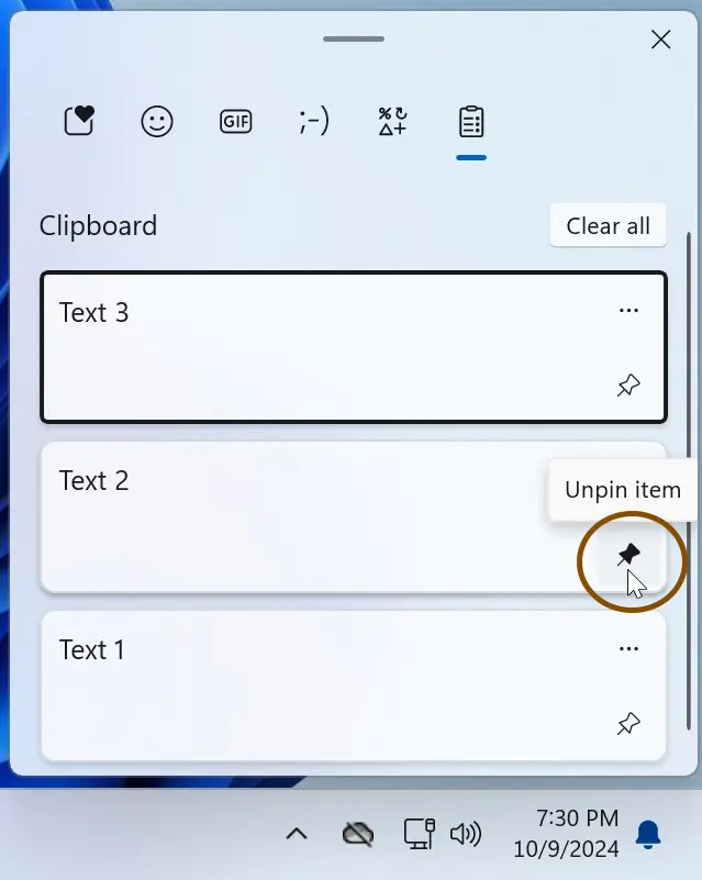 Pin an item to the clipboard