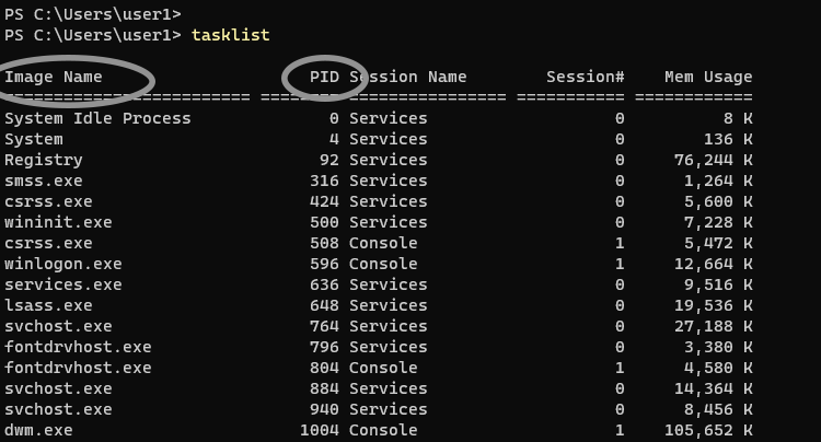 using the tasklist command to find the PID or image name of a process