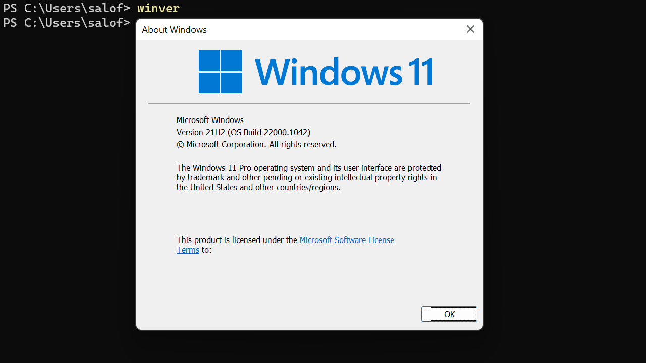 Windows version command. Winver.