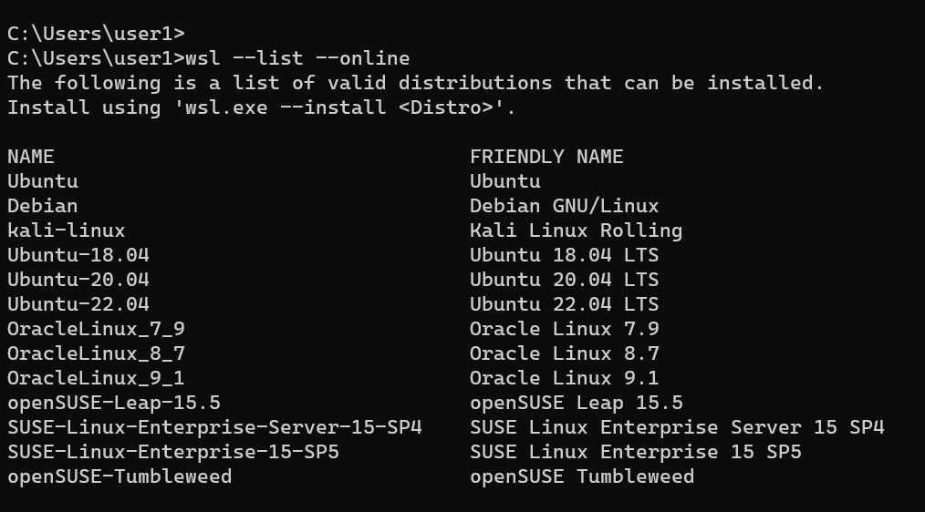 wsl command: List Linux distributions