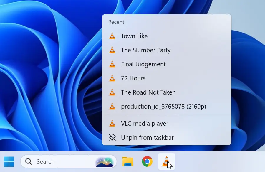 Recent files shown in the VLC media player right-click menu.