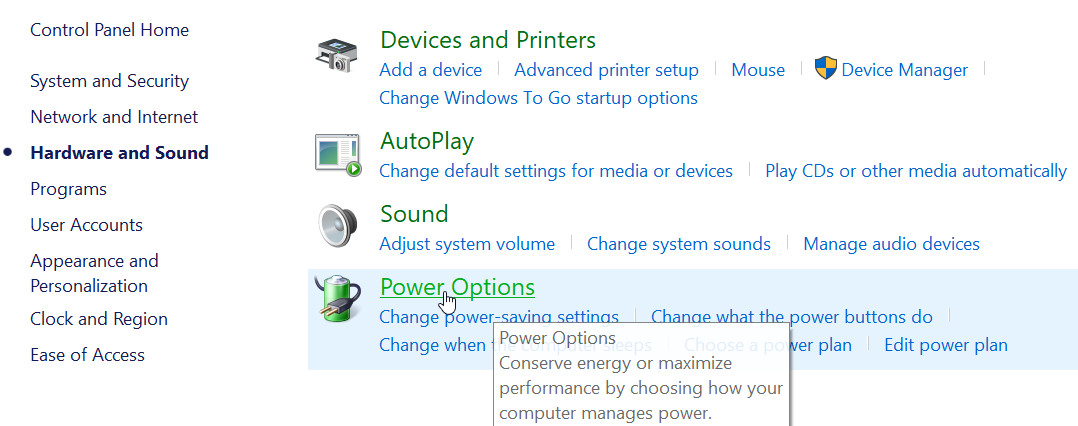 From the Hardware and Sound, access Power Options