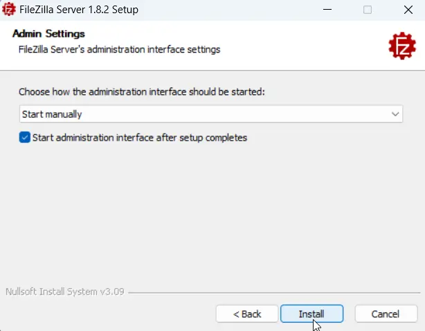 Set the FileZilla administrator interface to start manually.
