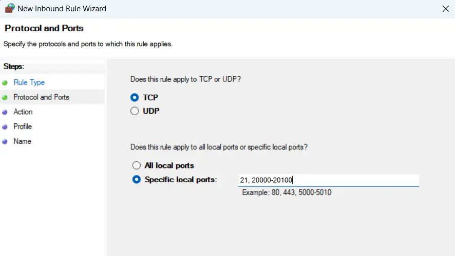 Open FTP port 21 and the passive mode port range in Windows Firewall.