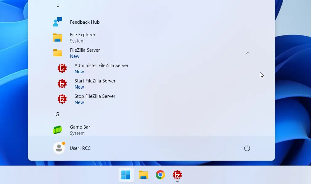 FileZilla service start menu shortcuts