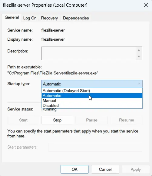 Managing FileZilla Server Startup