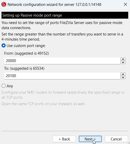 Configure the FileZilla Passive Mode Port Range.