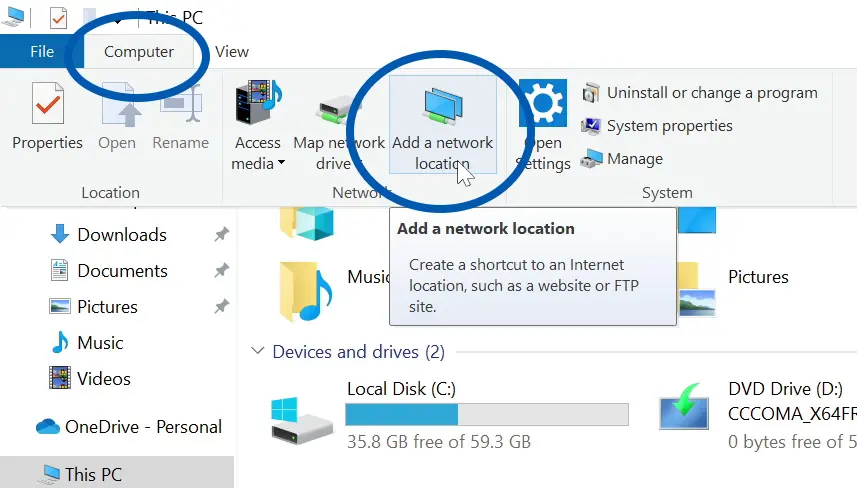 Add a network location Windows 10