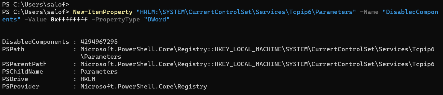 PowerShell command to Disable IPv6 in Windows