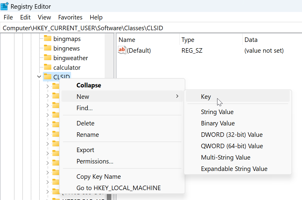 Select CLSID and create a new key.