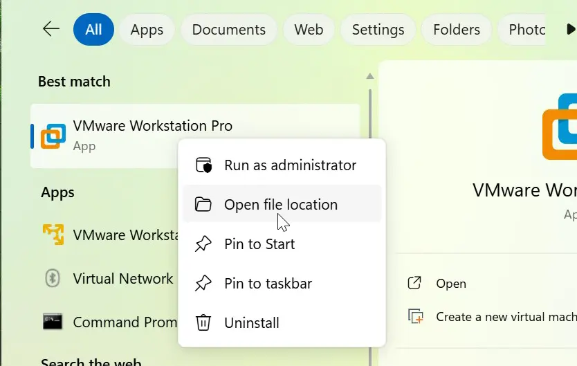 right-click the VMware Workstation icon