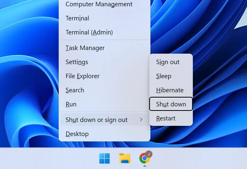 Shutdown Using Windows + X Shortcut