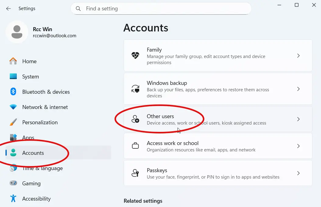 Add user account in windows 11