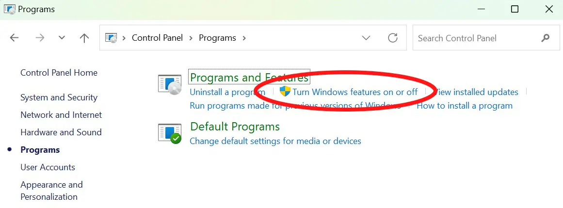 Turn Windows features on or off