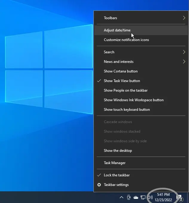 Adjust date and time windows 10